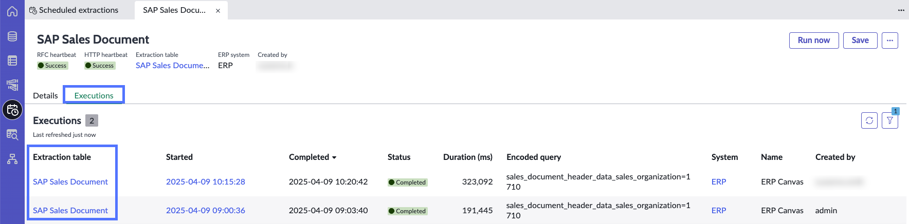 ERP scheduled extraction executions list.