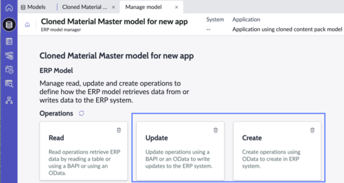 Model manager page with update and create tiles highlighted.