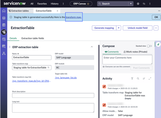 Extraction table record with transform map link highlighted.