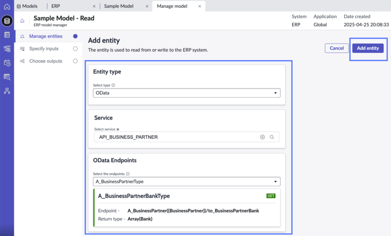 Add entity screen with type, service, and endpoint specified.
