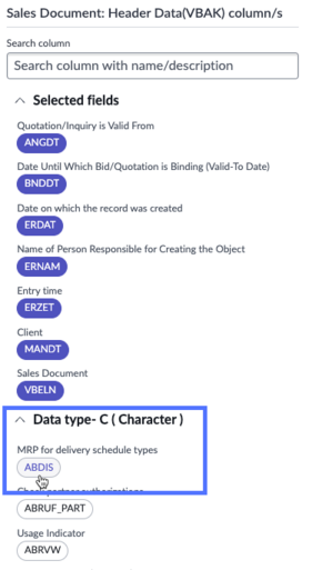 Field list with data type-C section expanded and ABDIS field selected.