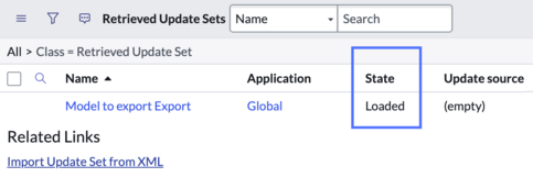 Retrieved update sets list with imported update set shown with a state of loaded.