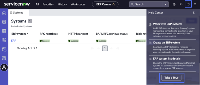 ERP Canvas systems page with show help option and take a tour button highlighted.