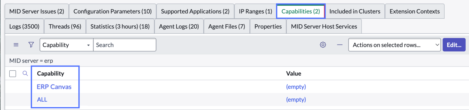 MID server record related lists with capabilities tab displayed showing Zero Copy Connector for ERP.