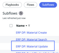 List of filtered subflows with ERP DP Material Update highlighted.