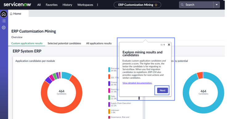 ERP Customization Mining home page dashboard with first step of guided tour displayed.