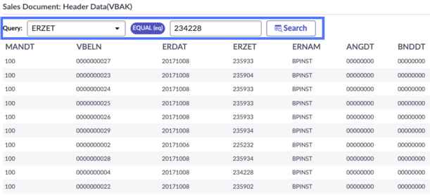 List of records in tables with a query highlighted.