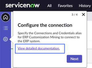 ERP Customization home page dashboard with guided tour step displayed and view documentation link highlighted.