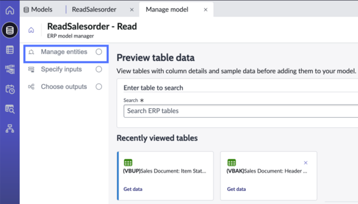 Manage model page with manage entities option highlighted.
