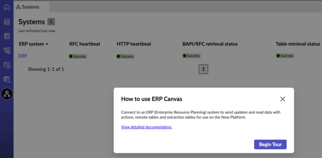 ERP Canvas systems page with first step of guided tour displayed.