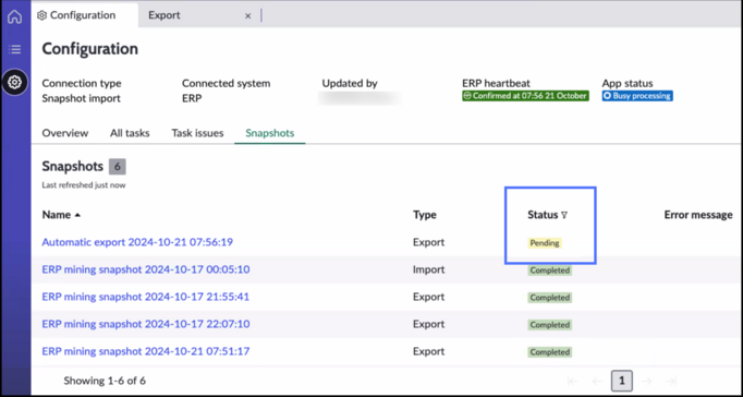 Snapshots list with an automatic export listed in pending state.