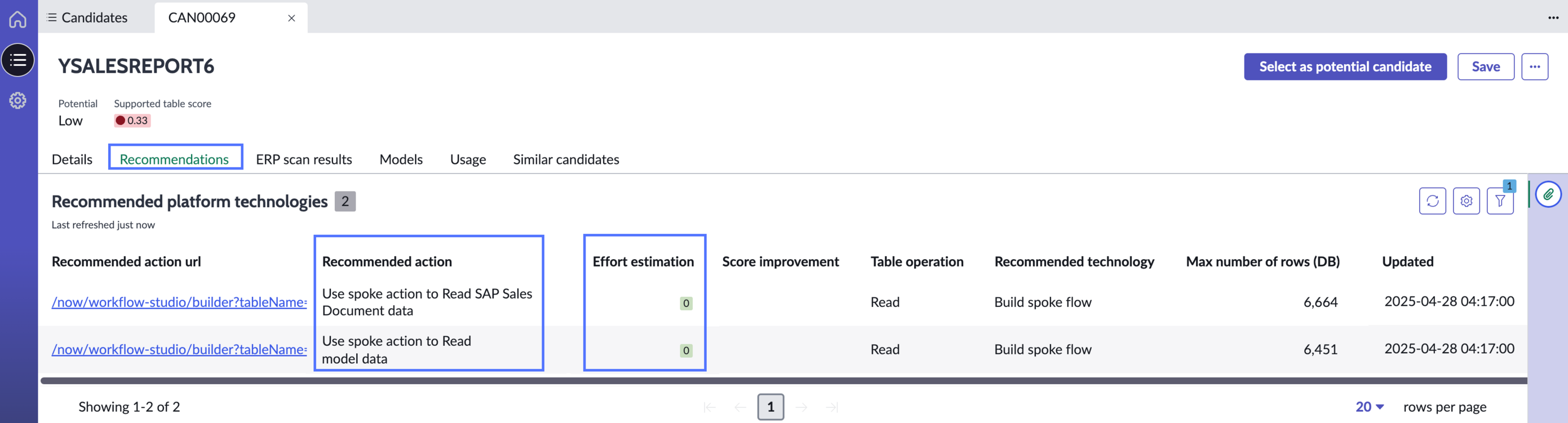 ERP Semantic Mining candidates page with recommendations tab displayed.