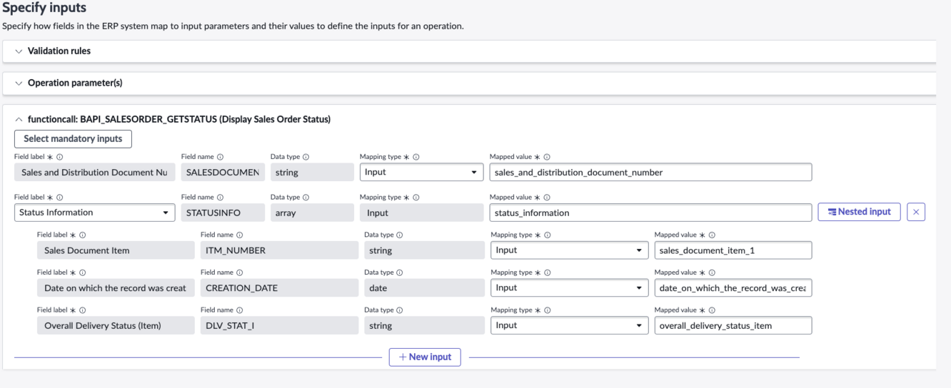 BAPI input with one field that has nested outputs.