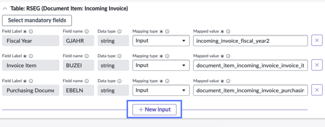New input button shown with table parameters.