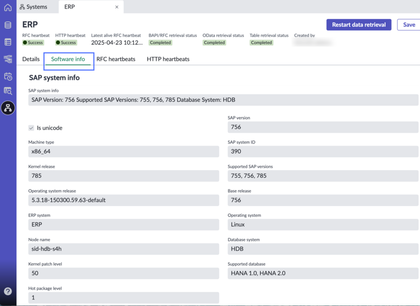 Zero Copy Connector for ERP system record with software info tab displayed.