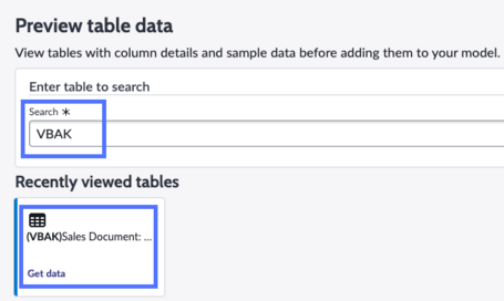 Preview table data page with a tile highlighted to show get data option.