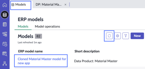 ERP Canvas models list with new cloned model highlighted.