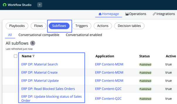 Workflow Studio subflows list showing content pack process extensions.