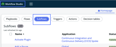 Workflow Studio subflows list.