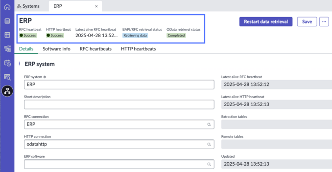System page with heartbeat and retrieval status highlighted.