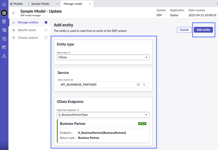 Add entity screen with type, service, and endpoint specified.