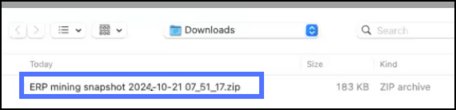 Downloads folder with ERP snapshot zip file highlighted.