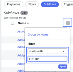 Workflow Studio filter opened on name column.