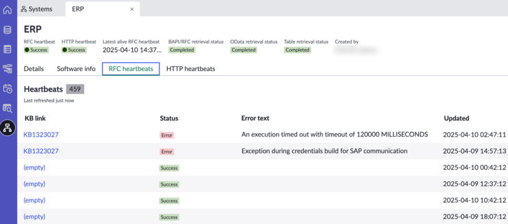 Zero Copy Connector for ERP system record with RFC heartbeats tab displayed.