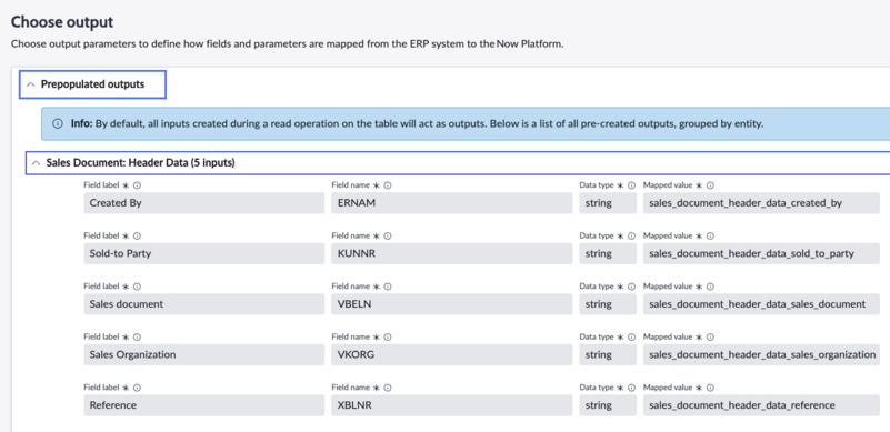 Outpage page with prepopulated outputs section expanded to show read-only fields.