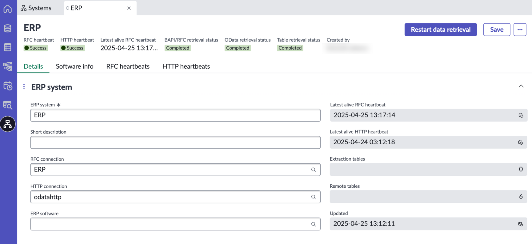 Zero Copy Connector for ERP systems page with RFC and HTTP heartbeat status.