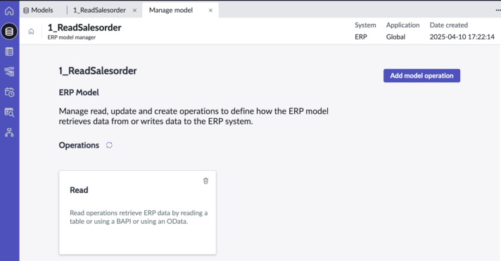Add model operation button appears on the ERP model manager page.