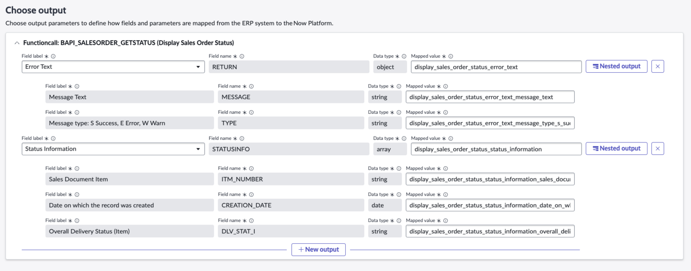 BAPI output with two fields that each have nested outputs.
