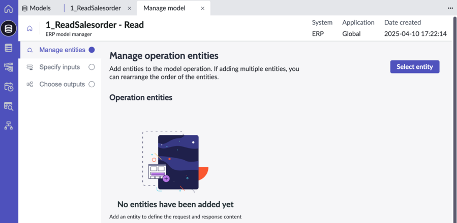 Add operation entities on the Manage entities tab.