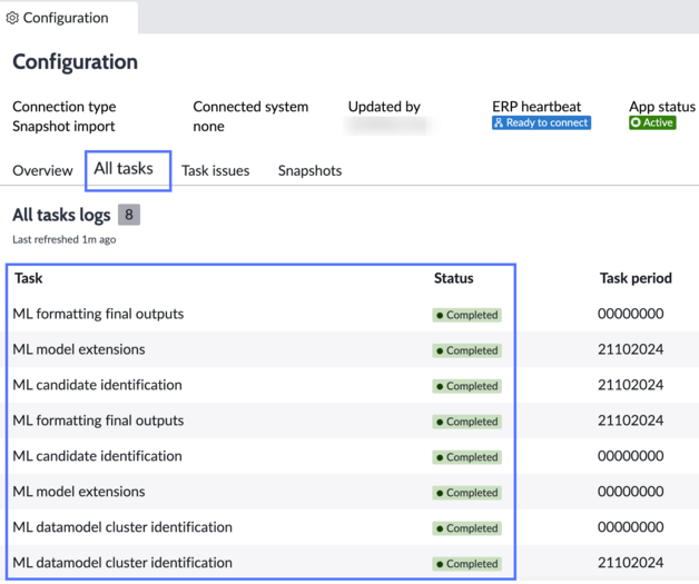 All tasks list with import tasks listed as completed.