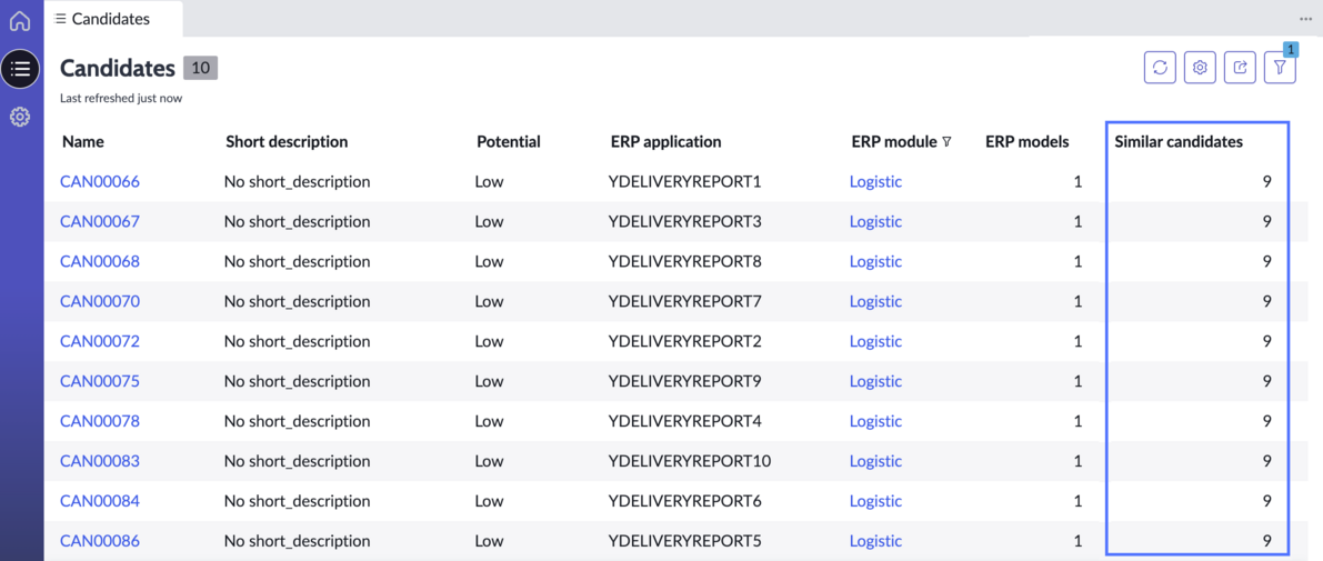 ERP Semantic Mining candidates page with similar candidates column highlighted.