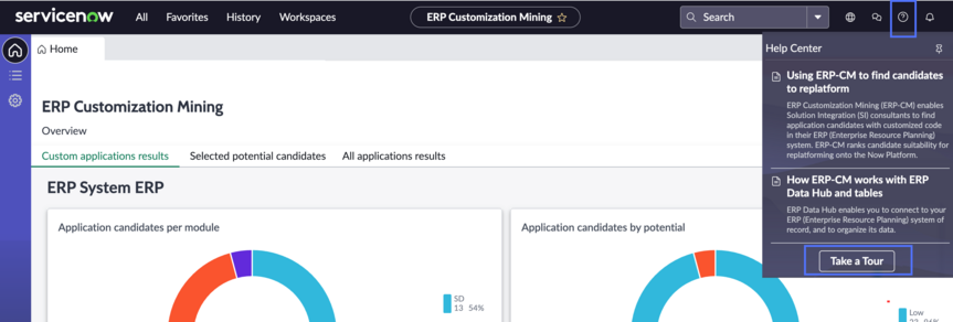 ERP Customization Mining home page dashboard with show help option and take a tour button highlighted.