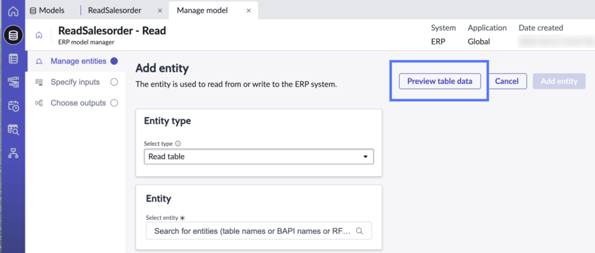 Manage model page with preview table data button highlighted.