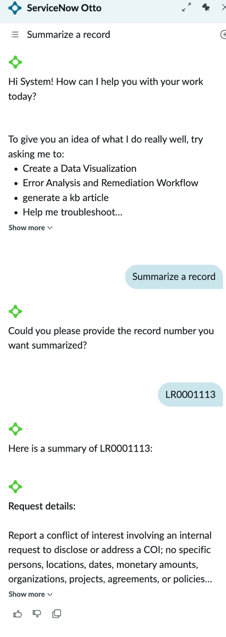 ServiceNow Otto panel with selections for generating a request summarization