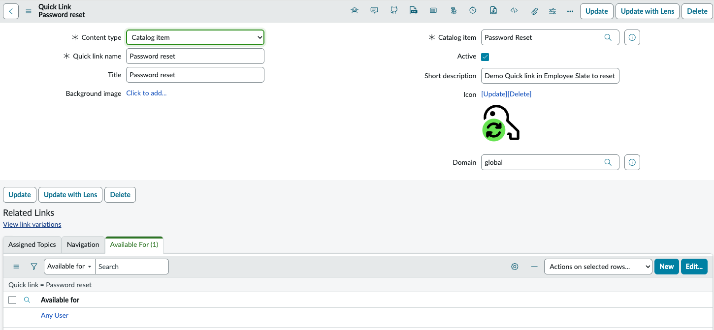Quick link user criteria configuration