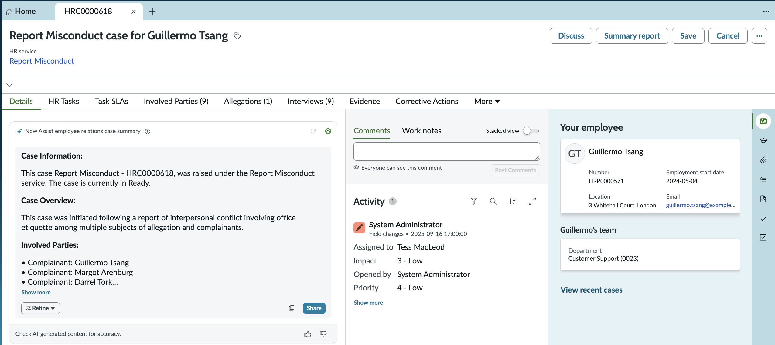 ER case summary on Agent Workspace for HR Case Management