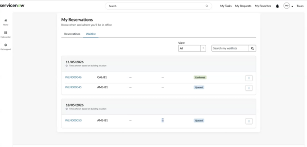 My Reservations page showing waitlist records and their statuses.