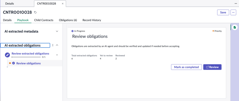 Contract playbook displaying extracted obligations details.