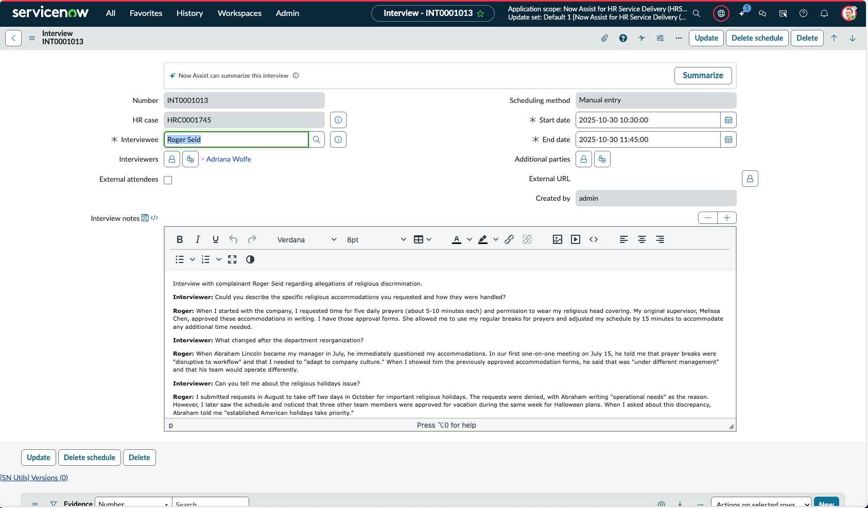 ER interview summary in Core UI