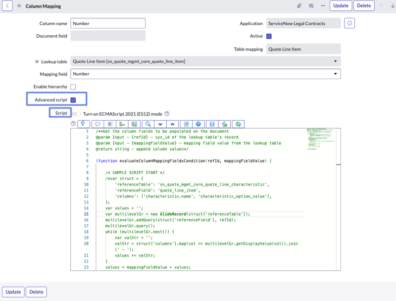 Advanced script on the column mapping form to configure additional fields for mapped table