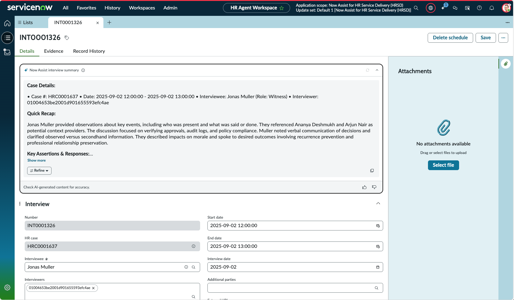 ER interview summary in HR Agent Workspace