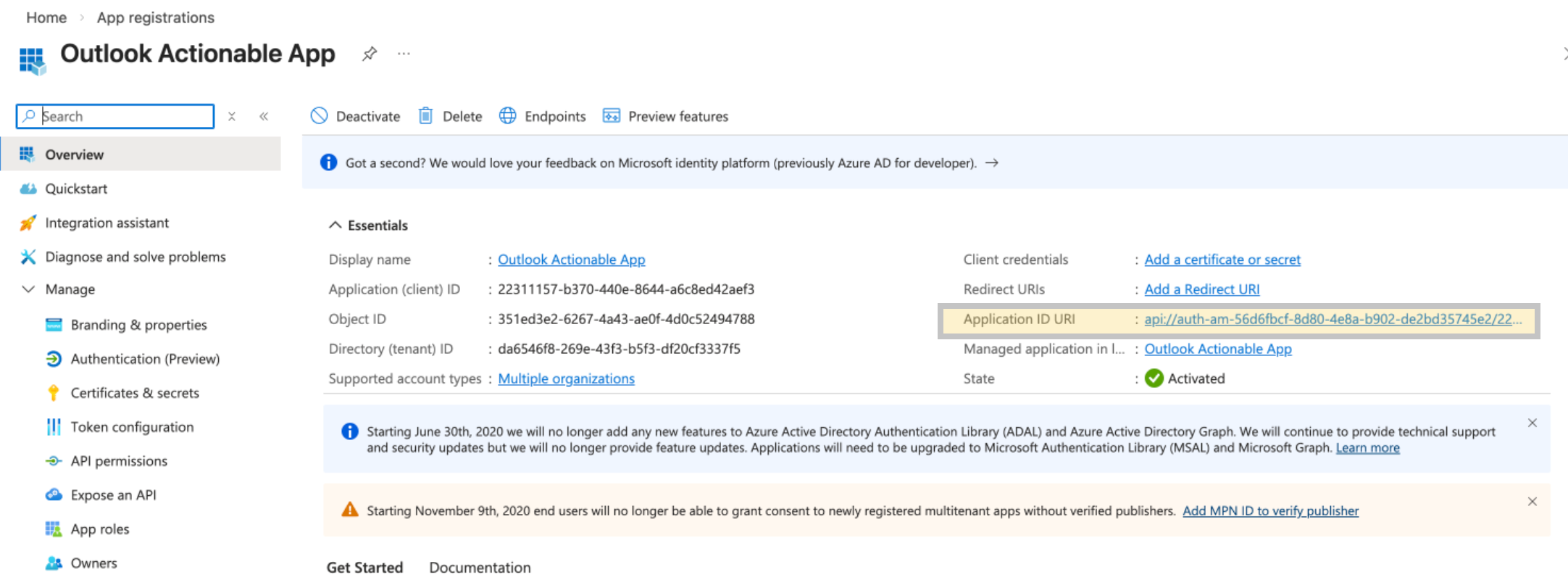 App ID URI on the Outlook Actionable App in Microsoft.
