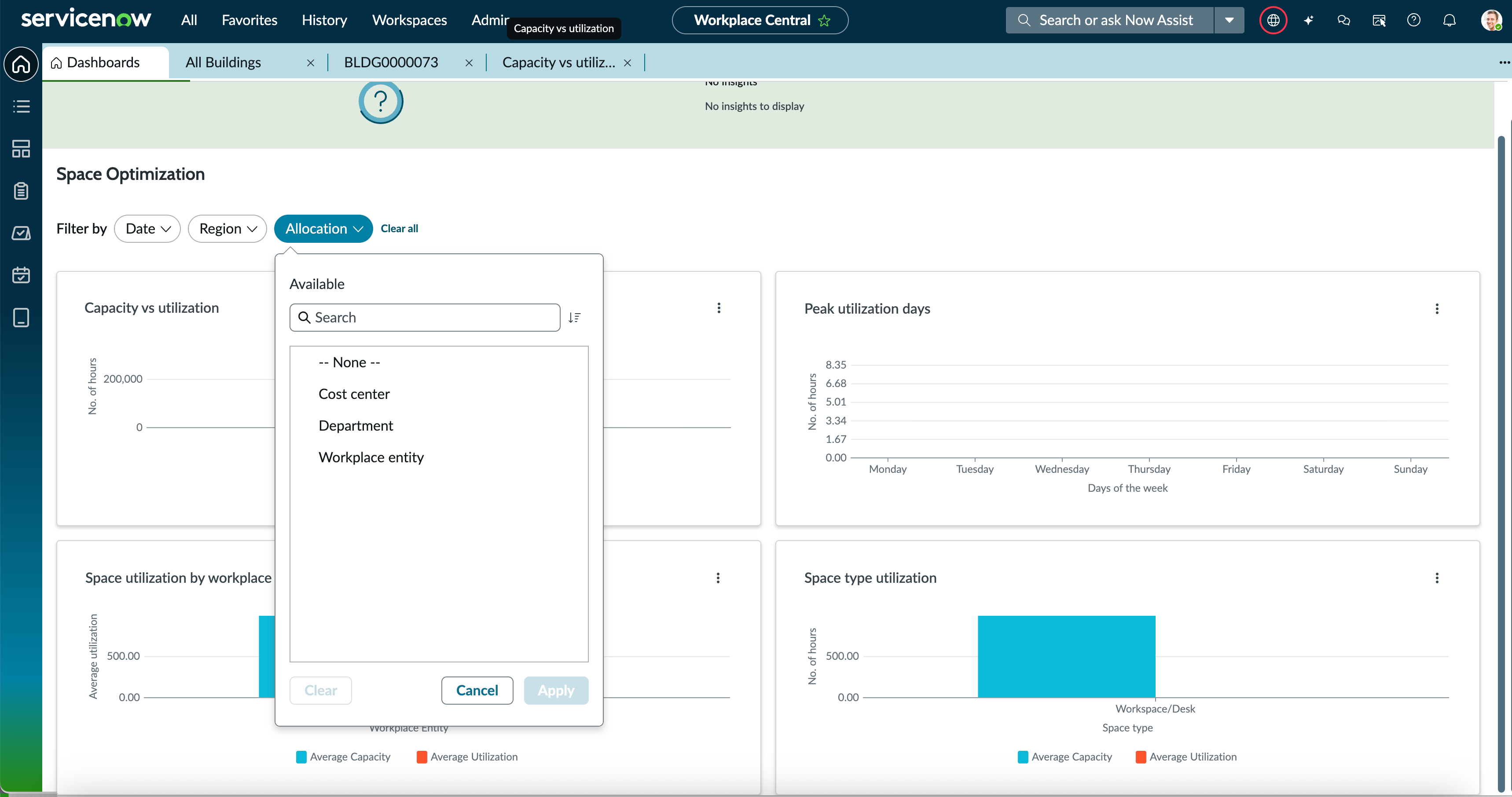 Filter data by Allocation type on the Space Optimization dashboard.