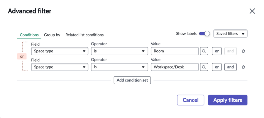 Use predicate builder to logically group elements using AND or OR logic.