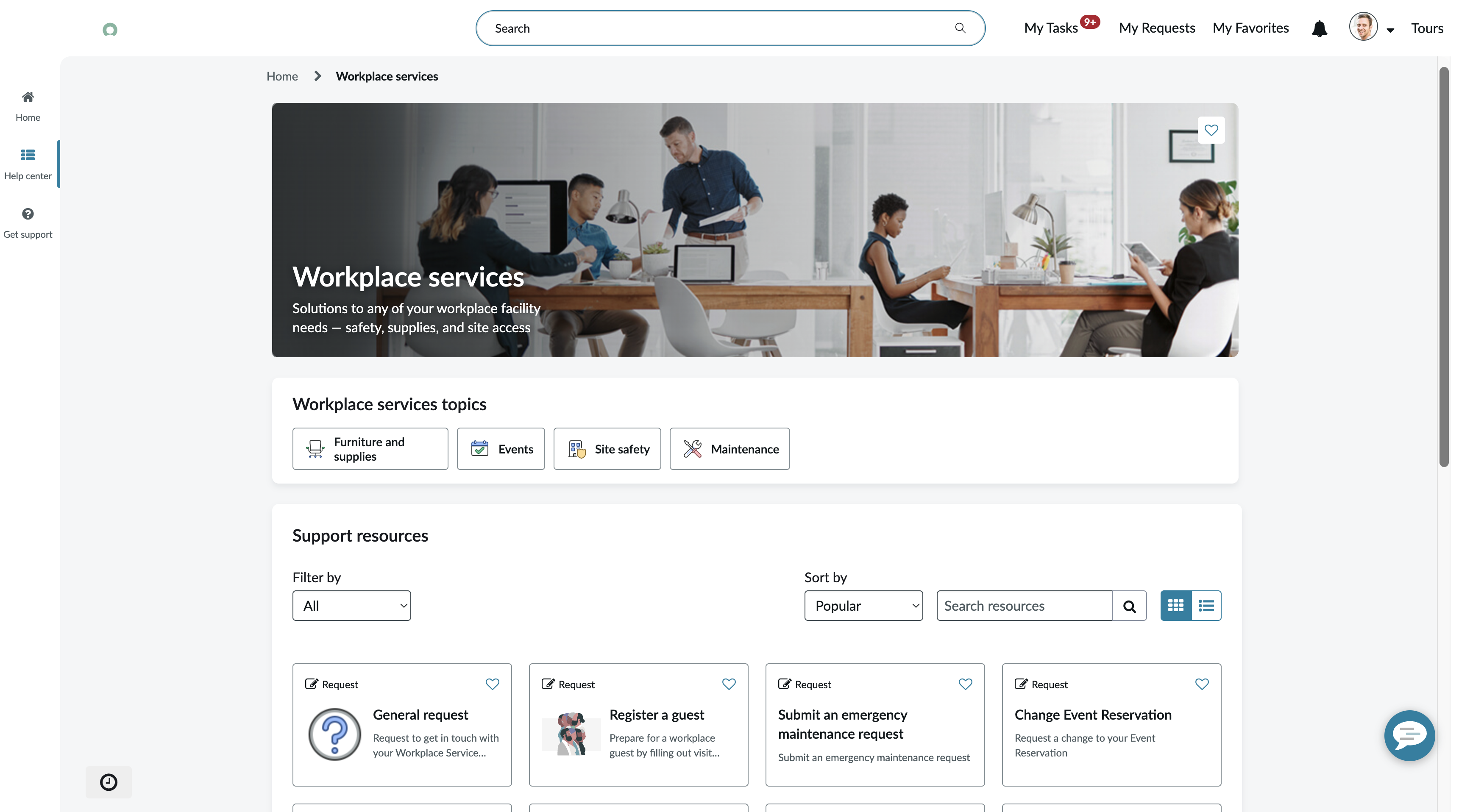 The workplace services created using the Workplace Case Management application are displayed in the Workplace Service Portal in a Workplace Service Catalog