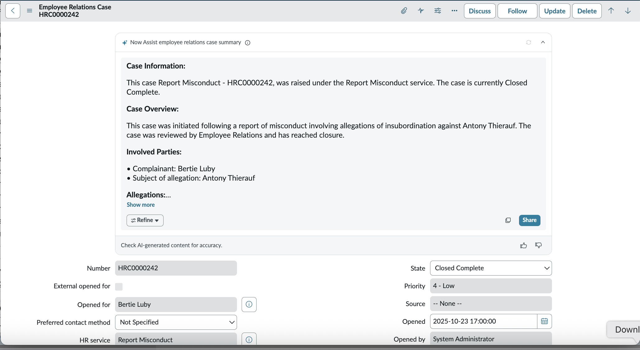 ER case summary on Core UI